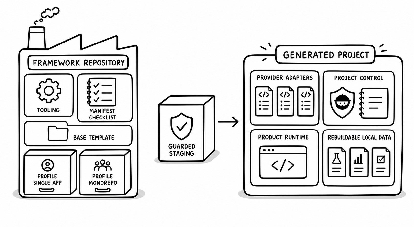 ภาพอธิบาย framework กับ generated project เป็นคนละโครงสร้าง สำหรับบทความ LLM Wiki และ AI Agent Project